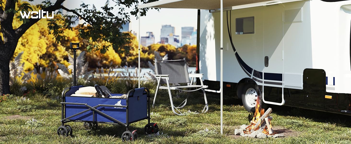Outdoor camping scene with blue folding chair, white trailer, and campfire. City skyline visible in background.