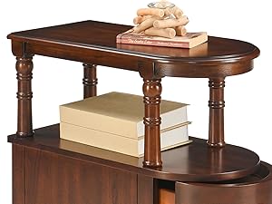 Meuble en bois foncé à vues multiples présentant un design relevable et un compartiment de rangement, avec une finition brune riche et des bords décoratifs.