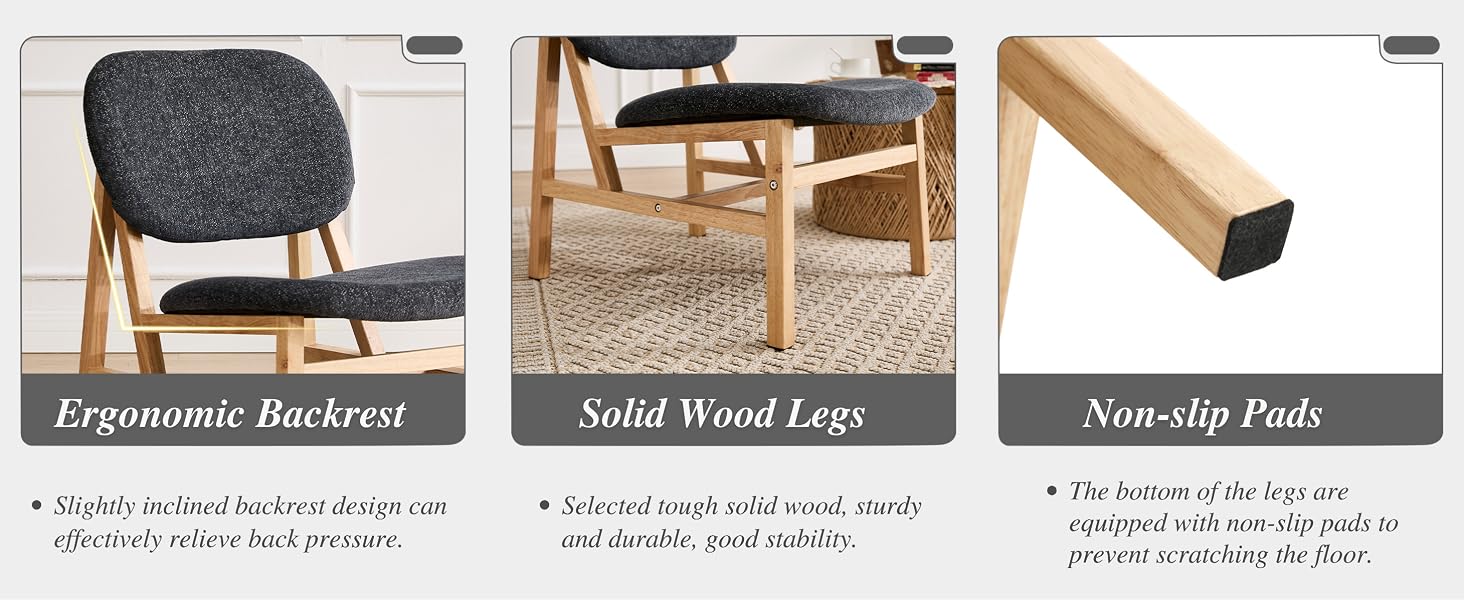 Text reads 'Ergonomic Backrest', 'Solid Wood Legs', 'Non-slip Feet'. Product feature diagram showing chair components with wooden legs and dark upholstered seat.