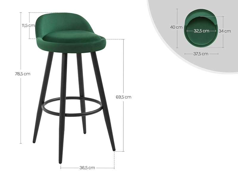Immagini del prodotto di uno sgabello o una sedia moderna imbottita verde mostrati da più angolazioni, con gambe scure e un design della seduta rotonda.