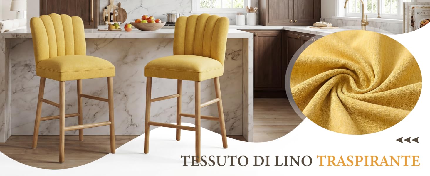 Il testo recita 'TESSUTO DI LINO TRASPIRANTE'. Viste multiple della sedia da pranzo imbottita gialla con struttura in legno, che mostra dettagli in tessuto e sedia completa.