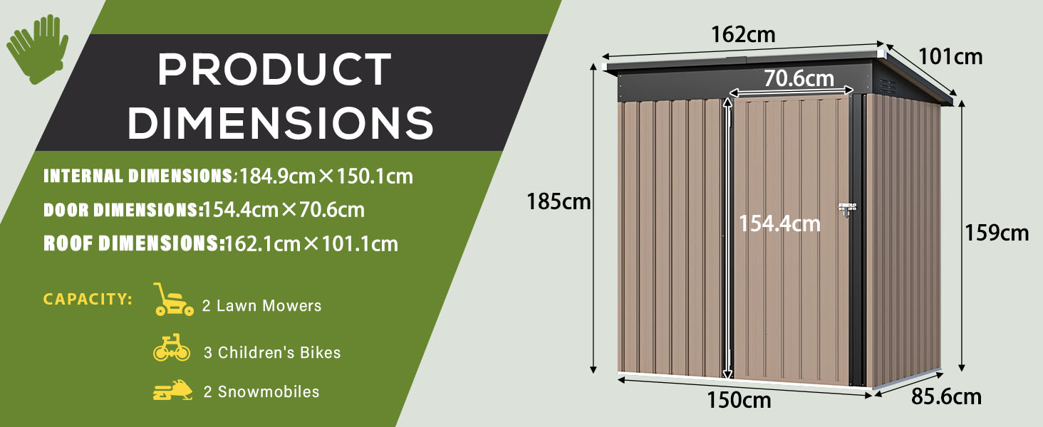 Text reads 'PRODUCT', 'DIMENSIONS'. Technical diagram of storage shed showing measurements: 143cm, 191cm, 85.4cm, and capacity specifications with icons for lawn mowers and children's items.