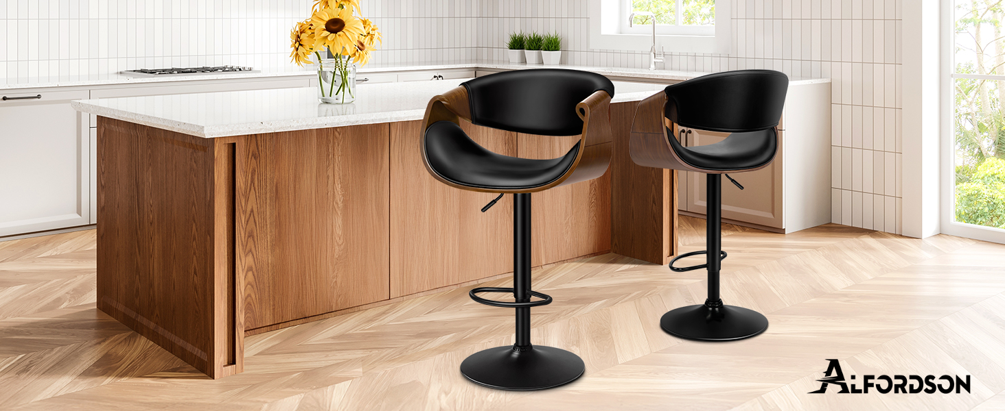 Modern kitchen setup with black swivel bar stools against wooden cabinetry. Multiple views show sleek counter seating arrangement in contemporary home setting.