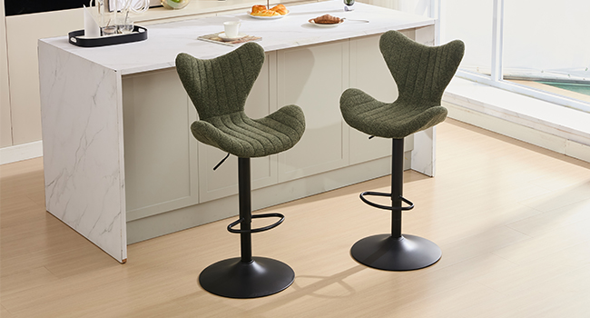 Text reads 'Image 2'. Modern kitchen island with white counter and two olive green swivel bar stools featuring curved wing-back design and black metal bases.