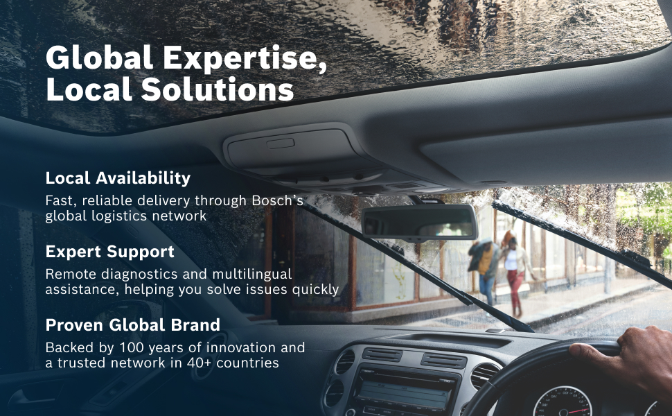 Text reads 'Global Expertise, Local Solutions', 'Local Availability', 'Proven Global Brand'. Marketing banner showing logistics and transportation imagery with overlaid text.