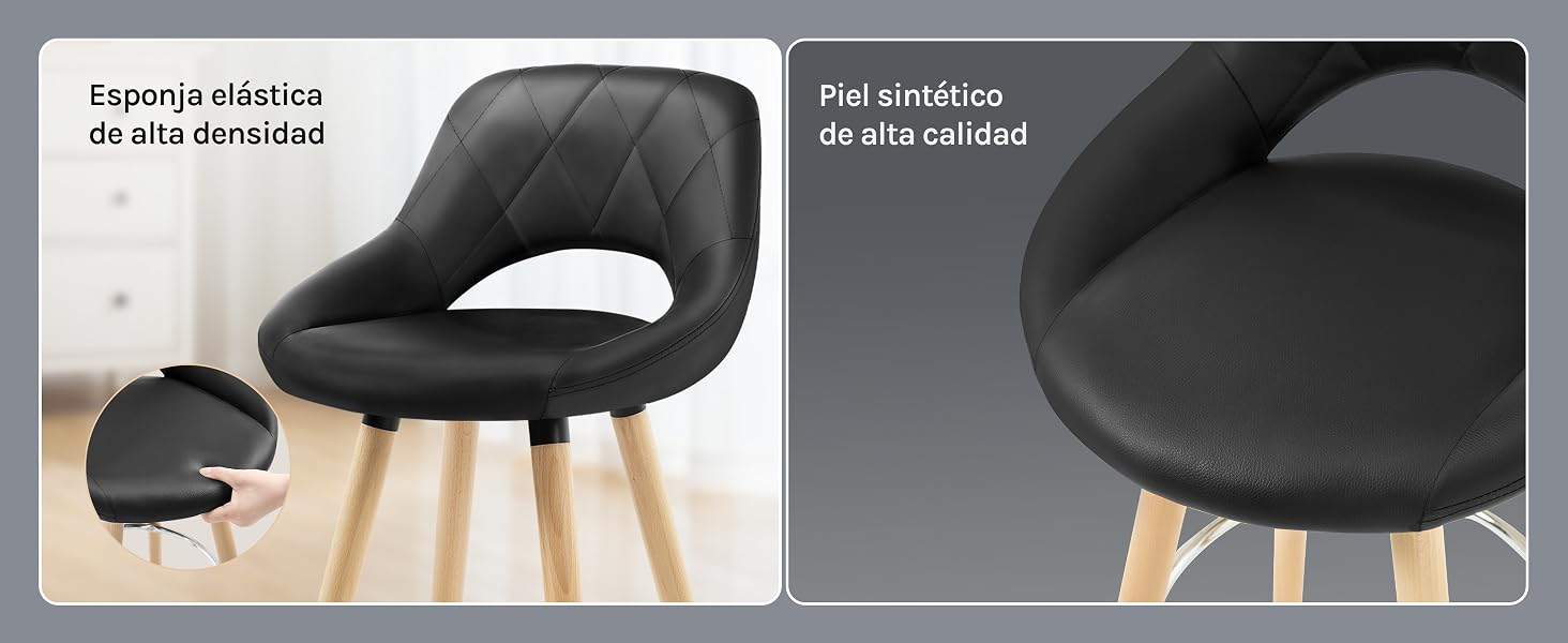 Silla moderna negra con respaldo curvo y patas de madera. Cuenta con un acolchado de espuma elástica de alta densidad y tapicería de cuero sintético de alta calidad. La imagen dividida muestra la textura de la silla completa y un primer plano de la textura del