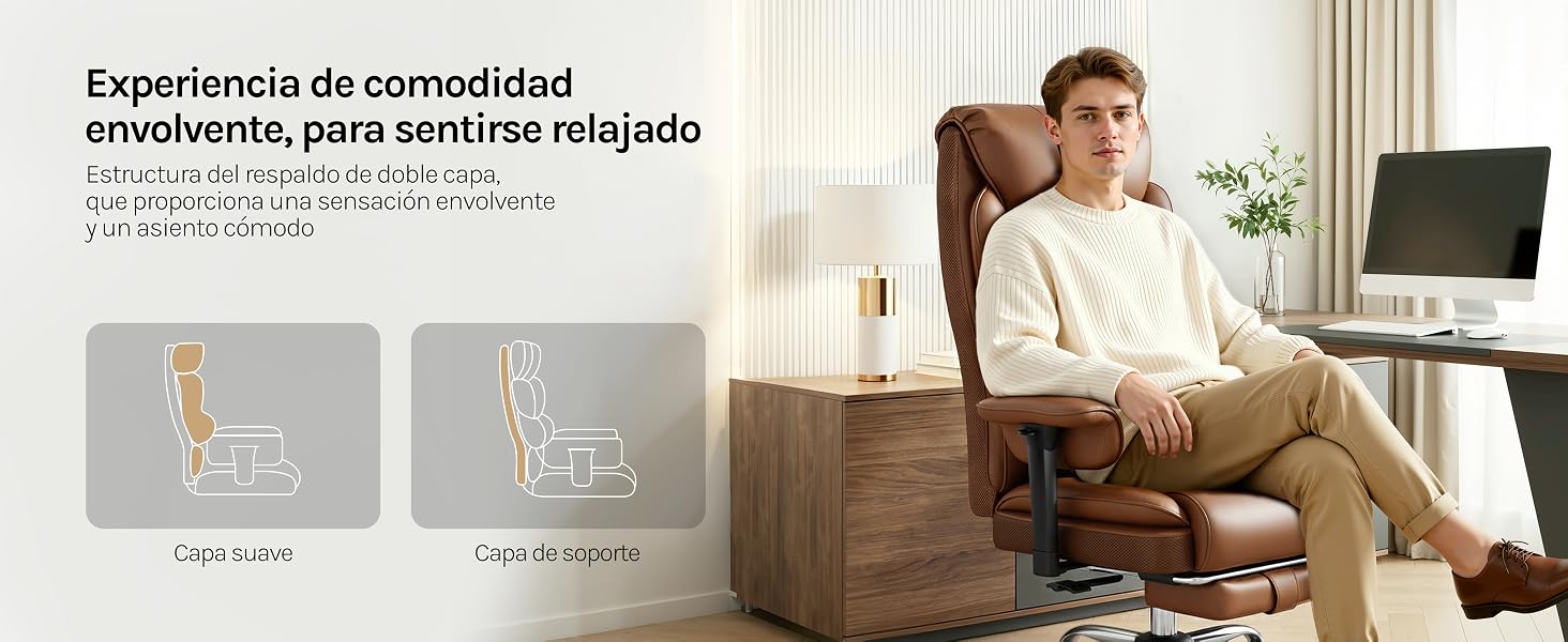 El texto dice «Experiência de comodidade!» Serie de fotografías del interior de una casa que muestran muebles y espacios habitables modernos con una iluminación cálida y una cómoda disposición de los asientos.