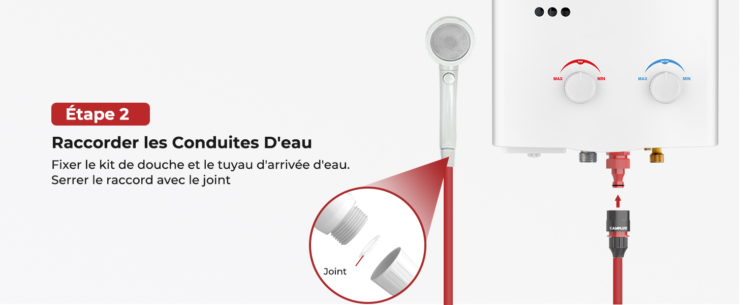 Schéma d'installation de la douche montrant le raccordement des conduites d'eau à la pomme de douche. Comprend un gros plan du raccord de tuyauterie et un panneau de commande avec cadrans de température