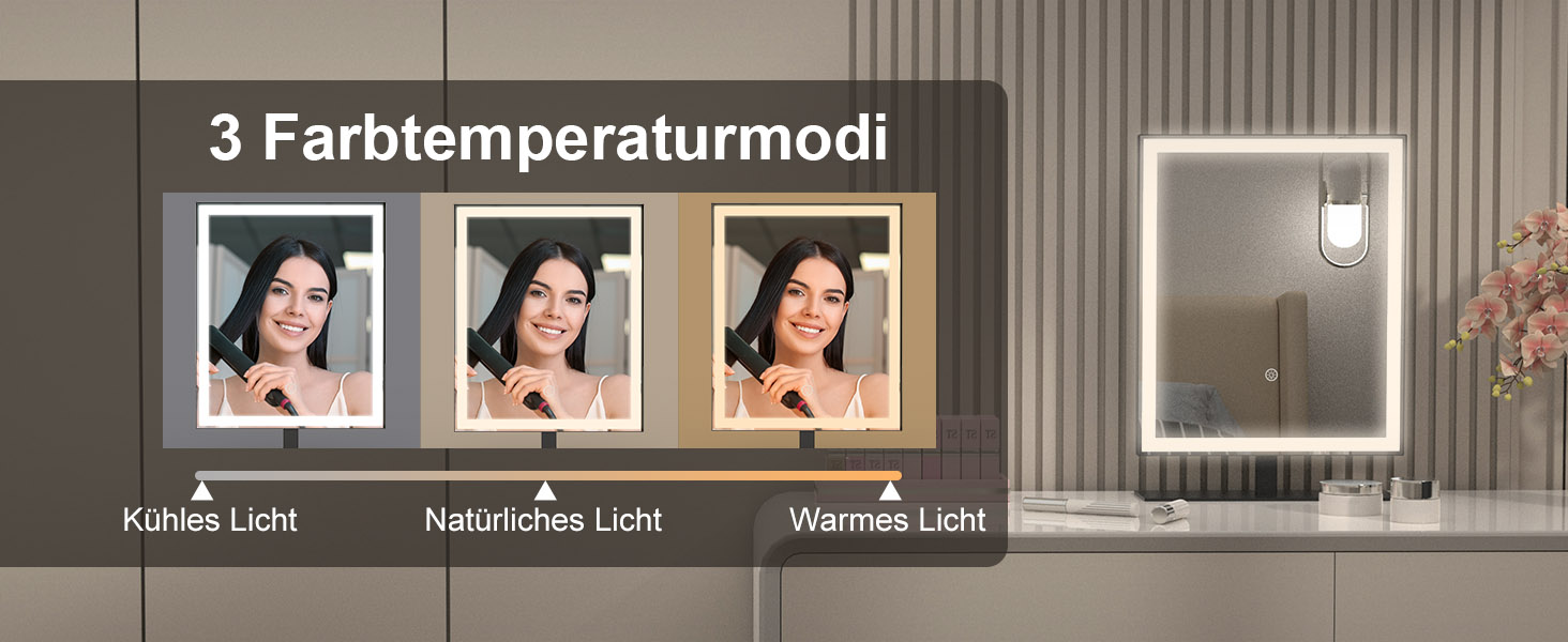 LED-Badspiegeldisplay mit drei Lichttemperatureinstellungen: kaltes, natürliches und warmes Licht, mit Demonstrationspaneelen.