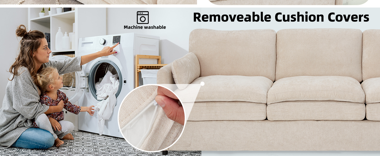 Text reads 'Removable Cushion Covers'. Series of images showing beige couch with removable cushion covers and their cleaning demonstration.