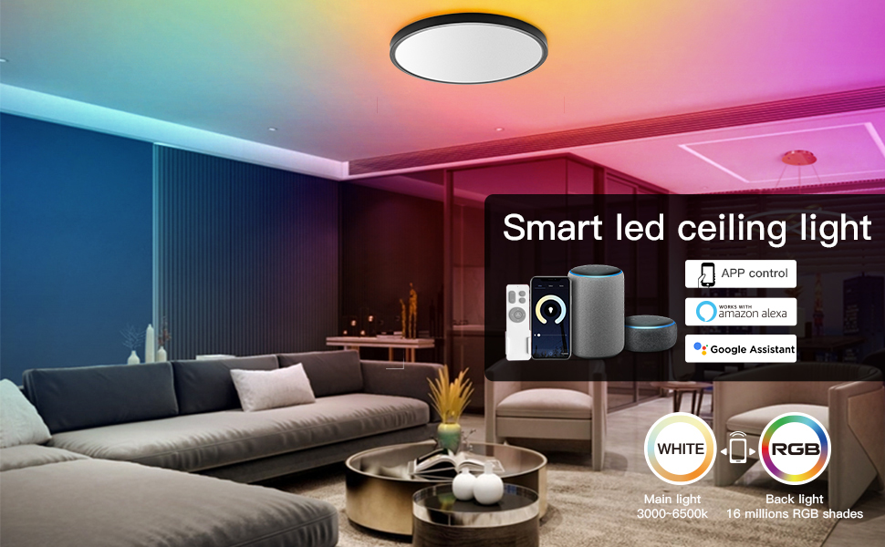 Intelligente LED-Deckenleuchte, die den Raum mit farbenfrohen Farbtönen beleuchtet.
[SENTENCE 7] Bietet App-Steuerung, Kompatibilität mit Sprachassistenten und einstellbare Farben