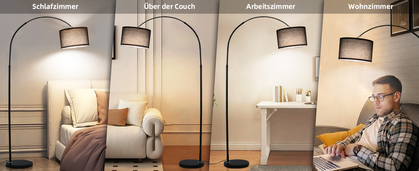Die vierteilige Serie zeigt die verstellbare Stehleuchte in verschiedenen Positionen, was Flexibilität und Bewegungsfreiheit von der aufrechten bis zur Beleuchtung auf Schreibtischebene demonstriert.
