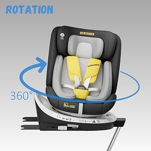 El texto dice «ROTACIÓN» y «360°». La silla para automóvil se muestra en colores gris y amarillo con un indicador de flecha de rotación azul, que demuestra su capacidad de giro de 360 grados.