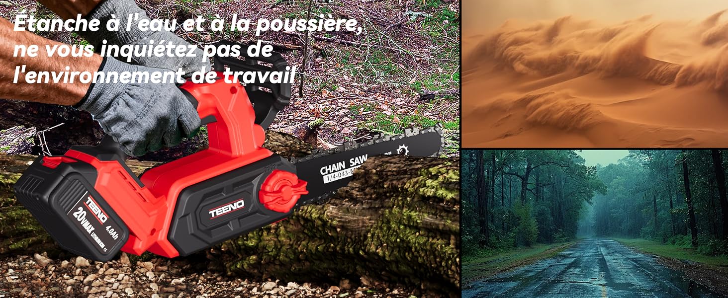 Le texte indique « Image 2 » et « Étanche à l'eau et à la poussière ». Image divisée montrant un outil électrique rouge contre des feuilles et deux scènes de la nature : des dunes du désert et un chemin forestier.