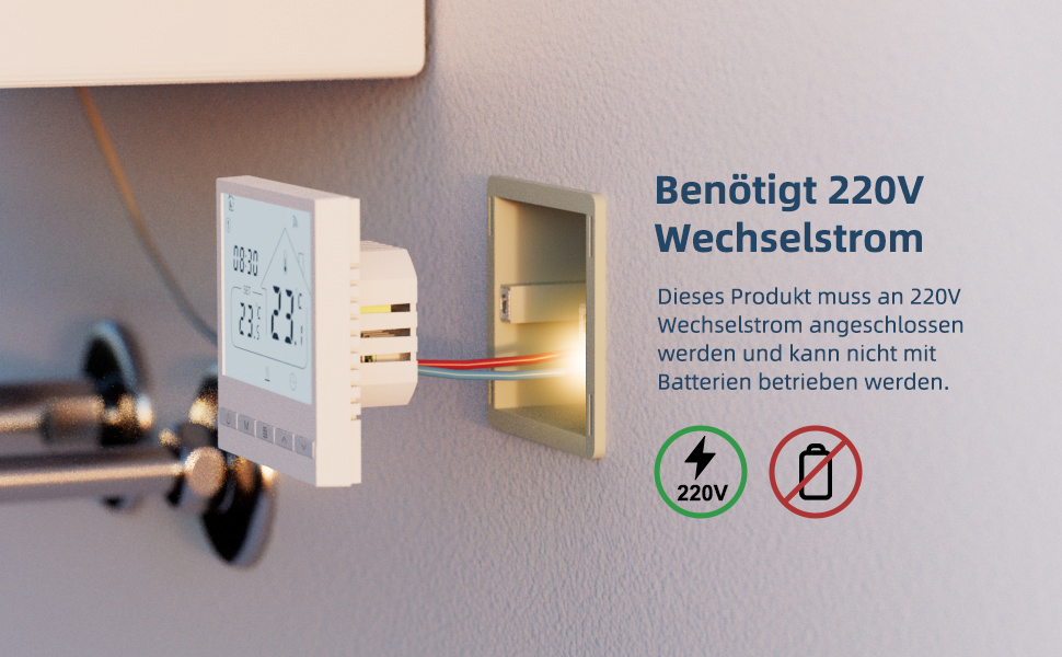 Termostato digitale in un gesto di dose di bacchetta. Das Display zeigt eine Temperatur von 23.3 Grad der Texte darauf hin, dass 220 V Wechselstrom erforderlich sind, nicht Batterybetrieben