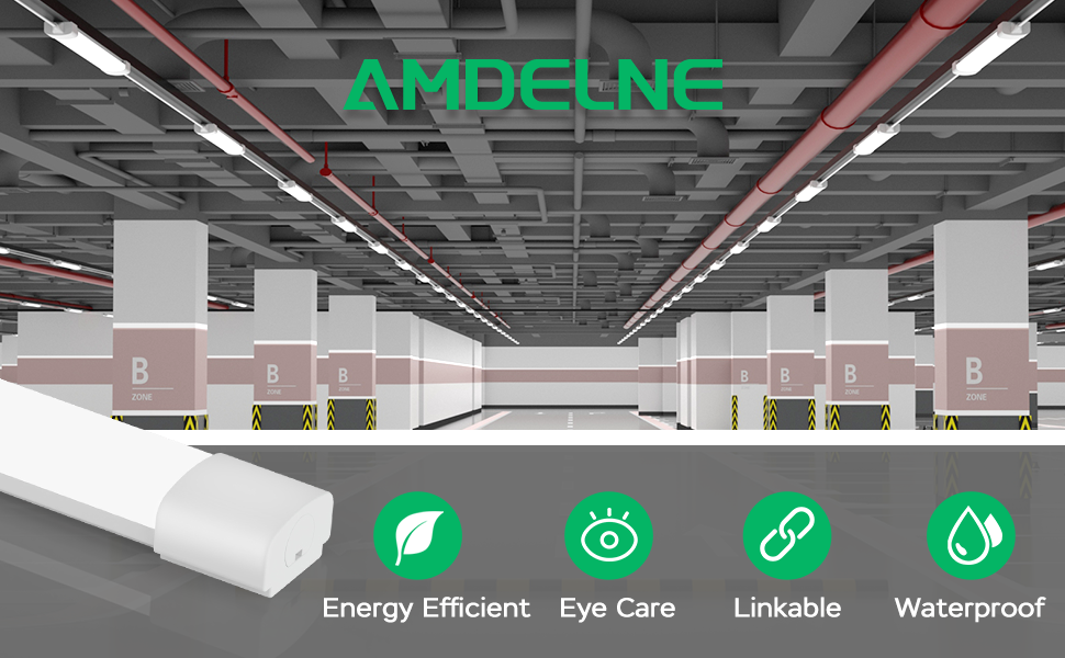 Der Text lautet „AIRDELNE“ mit Symbolen mit folgenden Merkmalen: „Energy Efficient“, „Eye Care“, „Linkable“, „Waterproof“. Industrielles Deckenbeleuchtungssystem, das in Gewerbeflächen gezeigt wird.