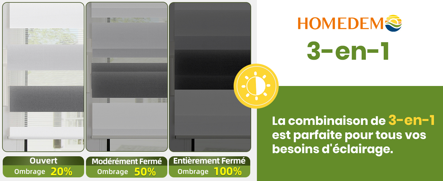 Image du produit à trois panneaux montrant les différents niveaux d'opacité d'un couvre-fenêtre. Le texte indique qu'il s'agit d'un produit « 3 en 1 » de Homedemo pour divers