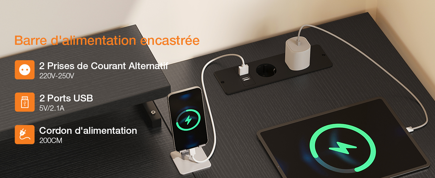 Interface de chargement des appareils électroniques noire avec indicateurs d'état bleus brillants et symboles d'alimentation. Plusieurs panneaux indiquant la progression de la charge et l'état de la connexion.
