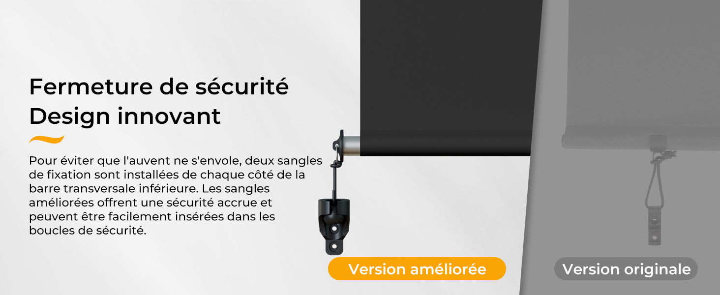 Le texte se lit comme suit : « Fermeture de sécurité Design innovant », « Version améliorée » et « Version originale ». Images de comparaison montrant les conceptions des mécanismes de fermeture de sécurité.