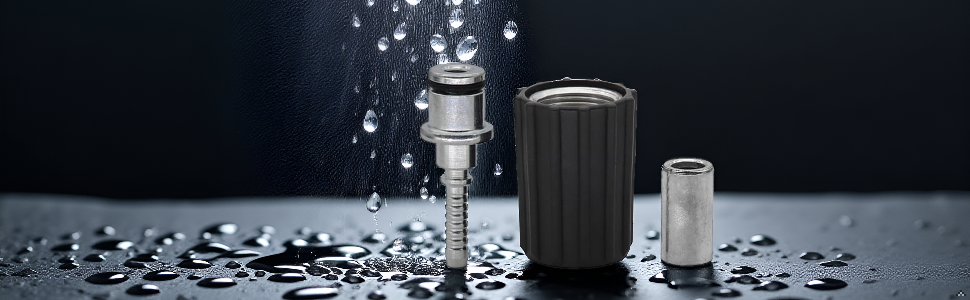 Cylindrical black fragrance bottle displayed with smaller white cylindrical containers on dark surface with scattered crystal-like decorative elements.