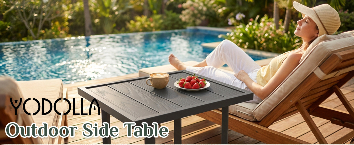 Text reads 'YOQOLLA' and 'Outdoor Side Table'. Poolside scene with outdoor furniture including table and lounge chairs.