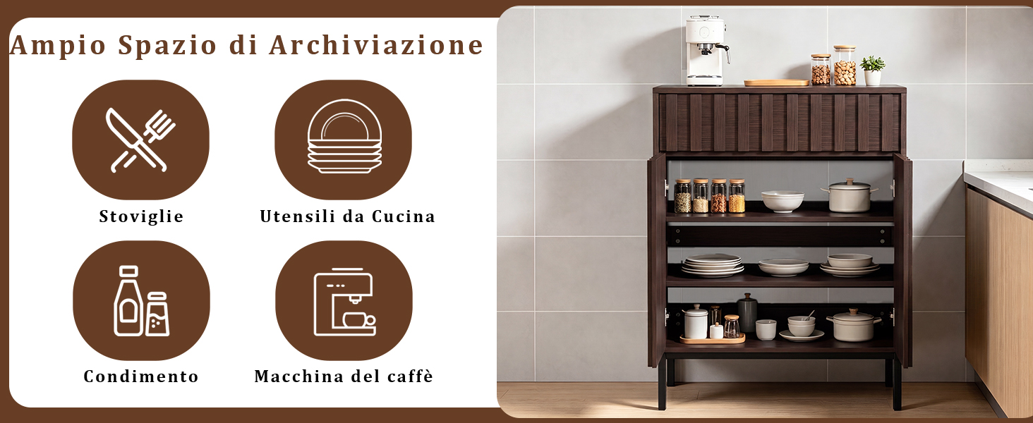 Il testo recita «Intimo Spazio di Archiviazione» con quattro icone che mostrano le categorie di organizzazione dello storage. Scaffale portaoggetti in legno con più scomparti aperti contenenti oggetti e contenitori organizzati.
