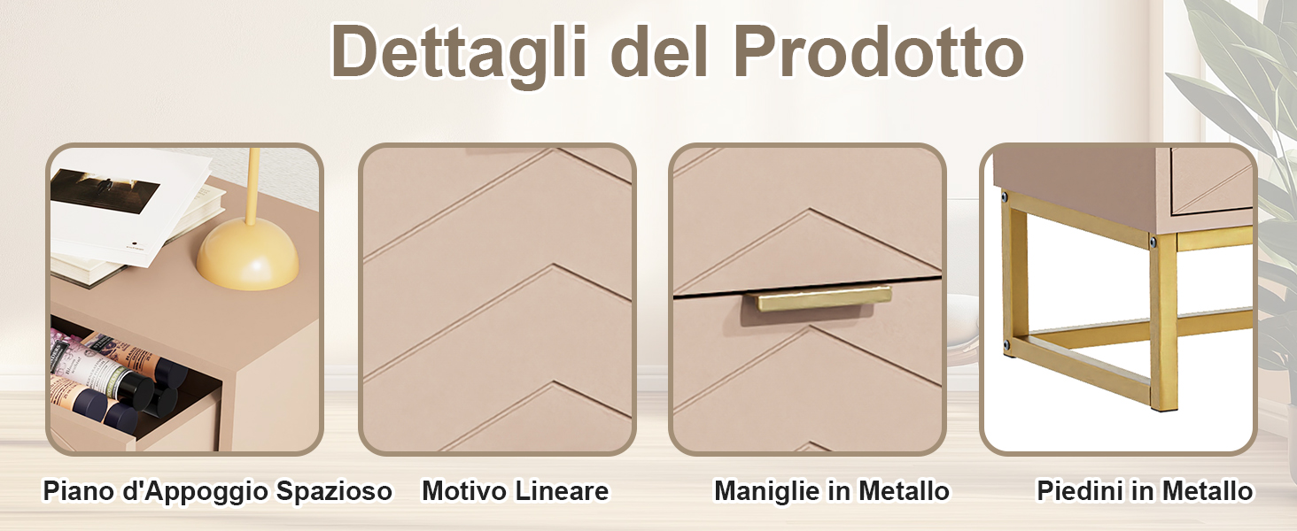 Il testo recita «Dettagli del Prodotto». Quattro immagini di dettaglio che mostrano: campione di tessuto/rivestimento, motivo lineare del materasso, dettaglio del manico in legno e gamba in legno con staffa in metallo.