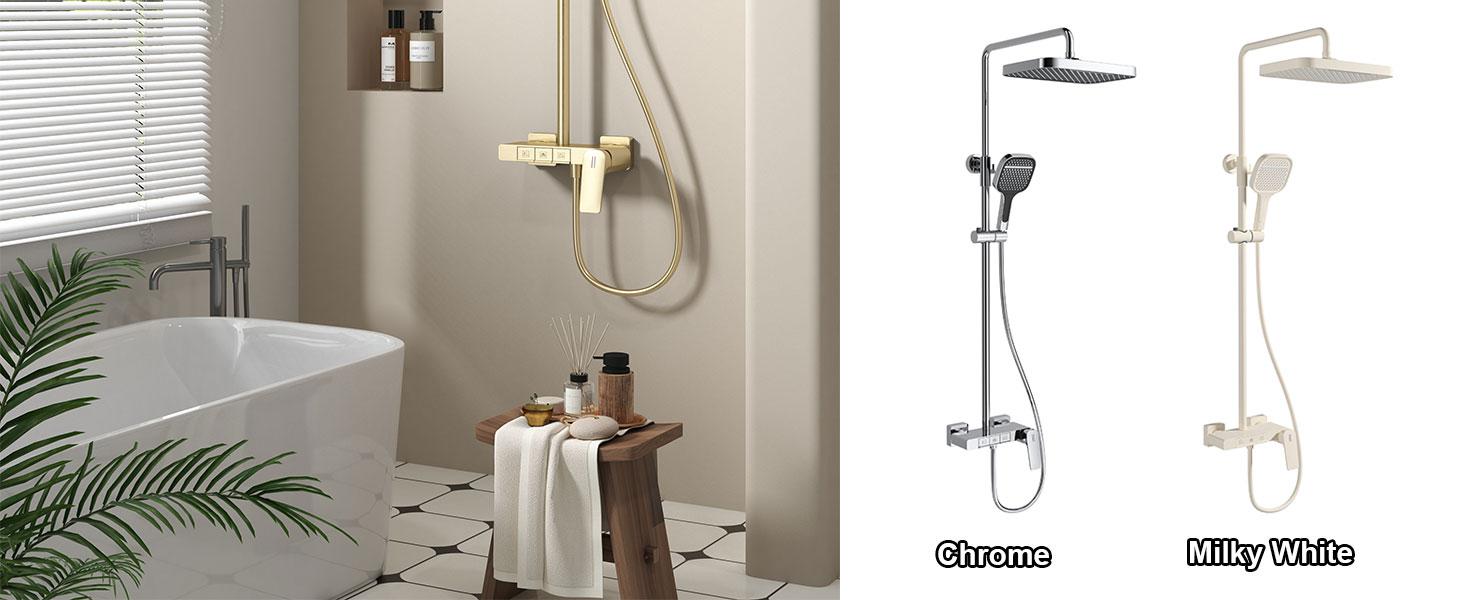 avec pommeau de douche à effet pluie réglable et pulvérisateur à main. Disponible en finition chromée et blanc laiteux. Montré installé dans un décor de salle de bain moderne.