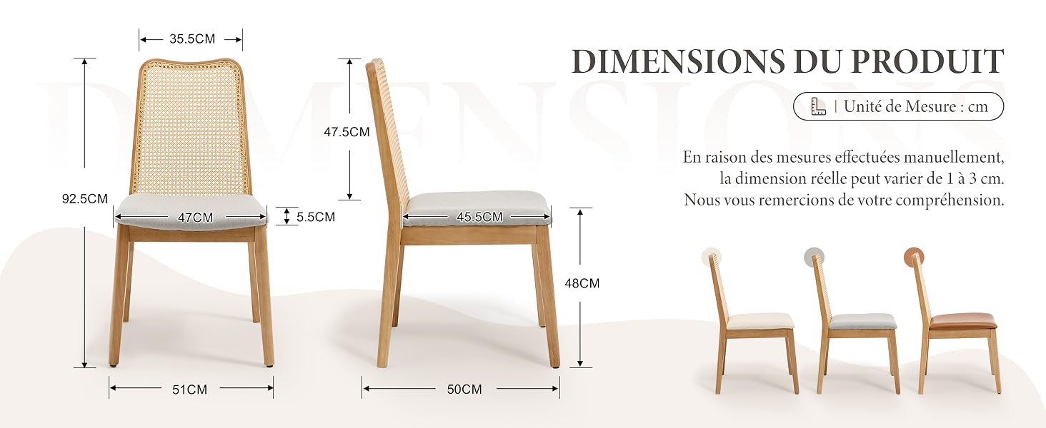 Le texte se lit comme suit : « DIMENSIONS DU PRODUIT », « h:87 l:50 p:51 ». Les spécifications de conception de la chaise en bois sont présentées sous plusieurs angles avec des dimensions détaillées et des détails de construction pour une chaise de salle à manger de style scandinave.