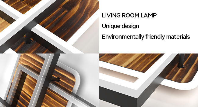 Modernes geometrisches Lampendesign mit kontrastierenden Holztönen und weißen Rahmenelementen, dargestellt im Produktlayout mit Text zu umweltfreundlichen Materialien.