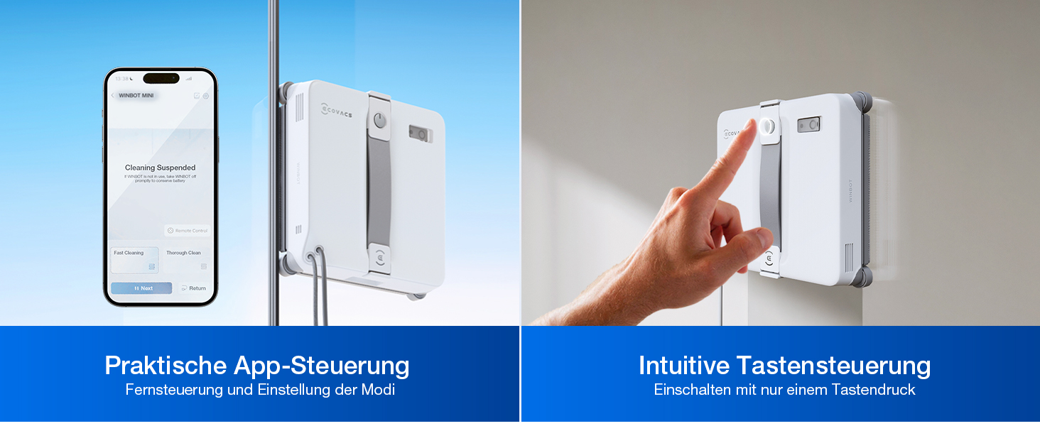 Geteiltes Bild, das die Smartphone-App-Oberfläche und das weiße Wandgerät zeigt, dessen Touch-Steuerung bedient wird.