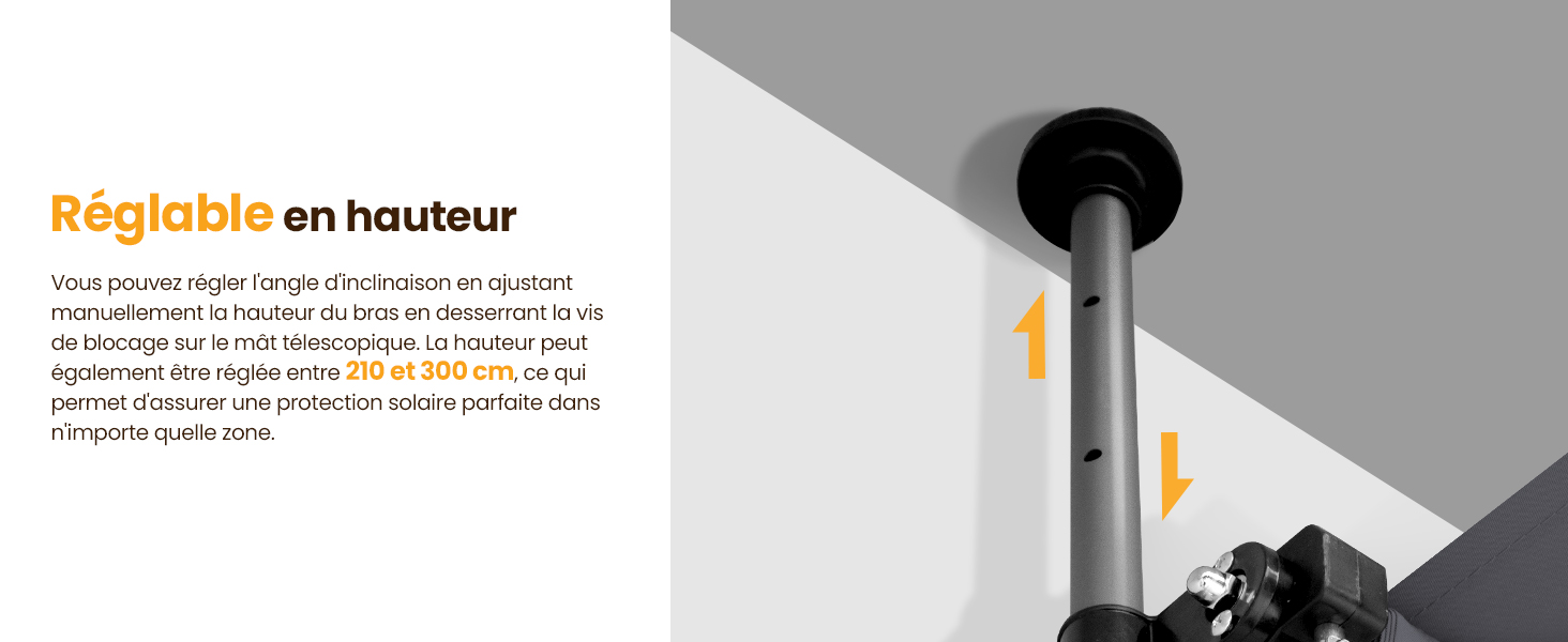 Le texte indique « Réglable en haut ». Schéma technique montrant le mécanisme de réglage de la hauteur à l'aide de flèches directionnelles et les spécifications détaillées en français.