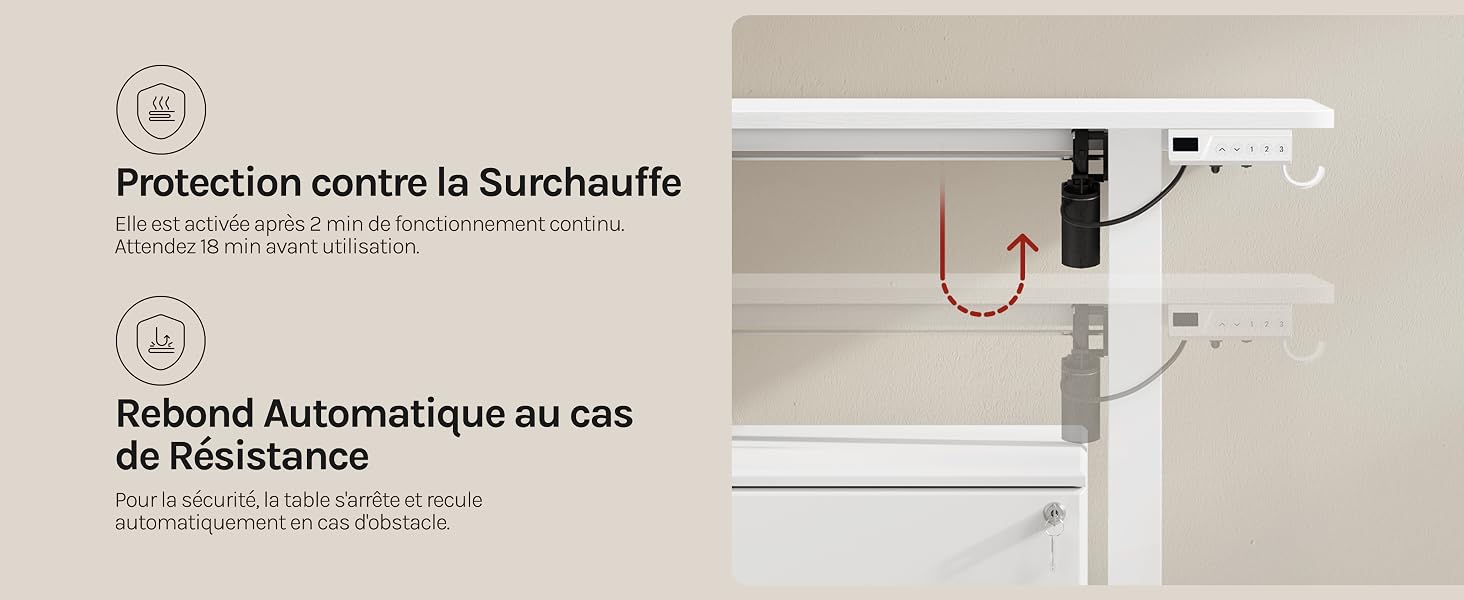 Le texte indique « Protection contre la surchauffe ». Schéma technique ou page de manuel d'instructions présentant divers composants et caractéristiques de sécurité en plusieurs langues.