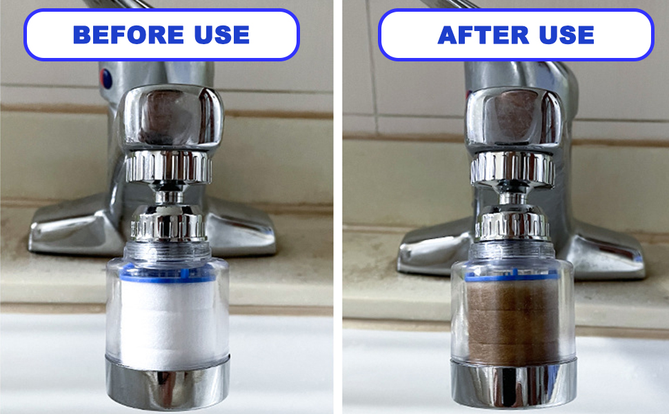 Before and after comparison of a water faucet filter, showing clear water filter cartridge becoming brown after use.