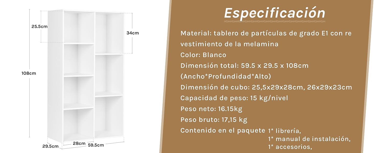 Diagrama de especificaciones del producto que muestra las medidas y dimensiones de una estantería o unidad de almacenamiento blanca, con detalles de texto en español en un panel marrón.