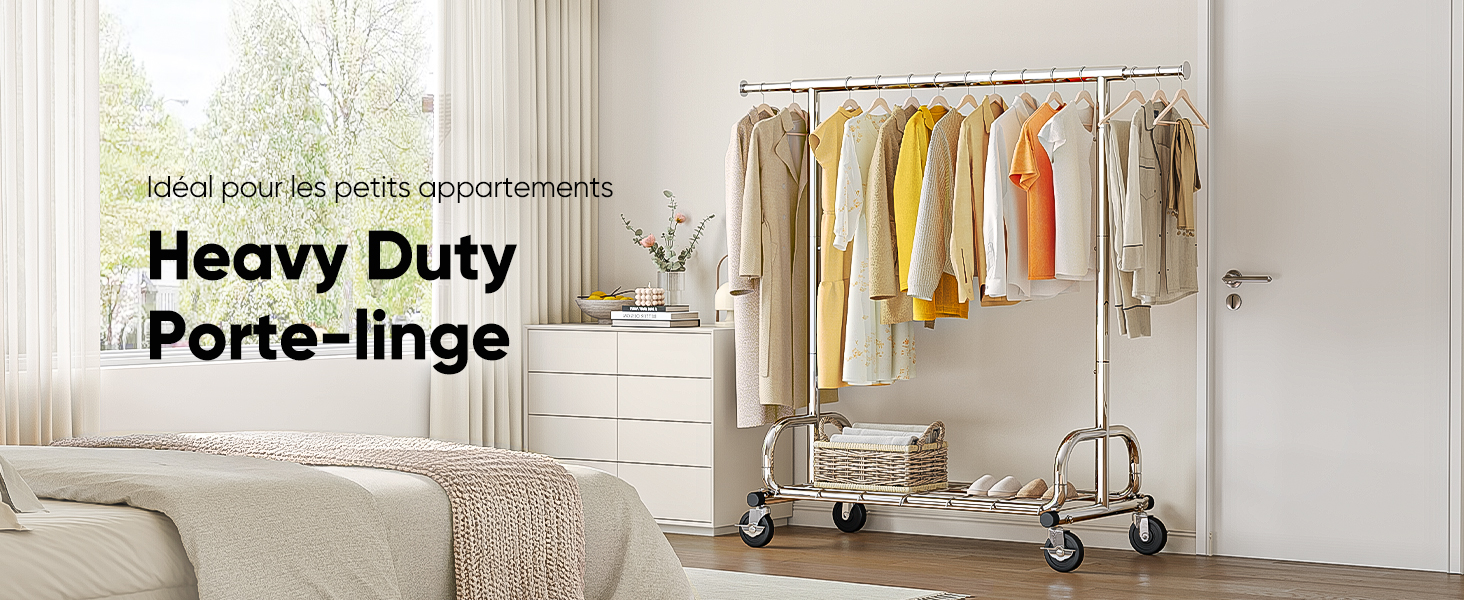 Solutions de rangement modernes et minimalistes pour la cuisine ou la salle de bain présentées montées sur des murs blancs, avec des barres métalliques élégantes et des accessoires de rangement suspendus.