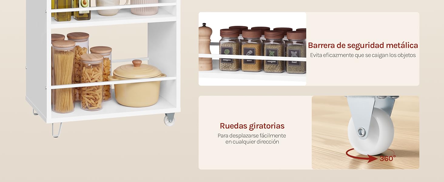 Los contenedores de almacenamiento de productos y los elementos organizativos se muestran con texto que indica las soluciones de almacenamiento e información etiquetada del producto en español.
