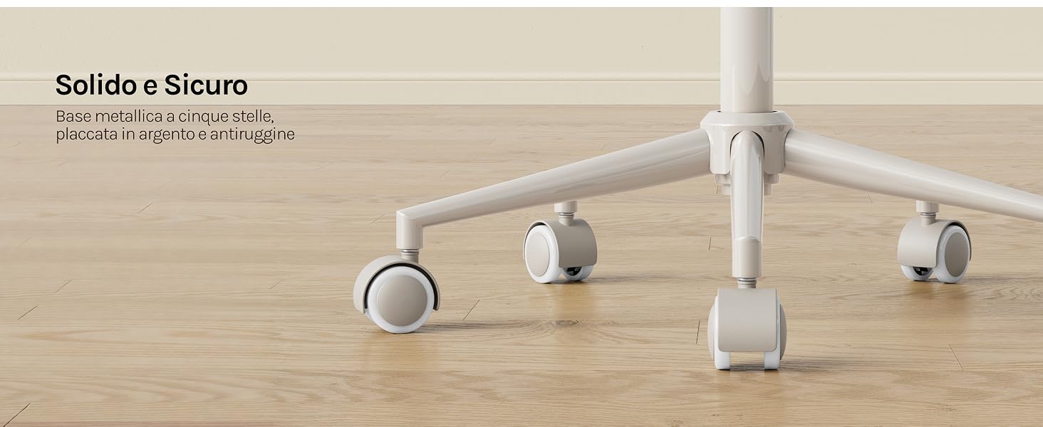 Il testo recita «Solide &amp; Sicure». Pavimento color beige/crema con quattro gambe o supporti cilindrici bianchi disposti in modo da esporre il prodotto.