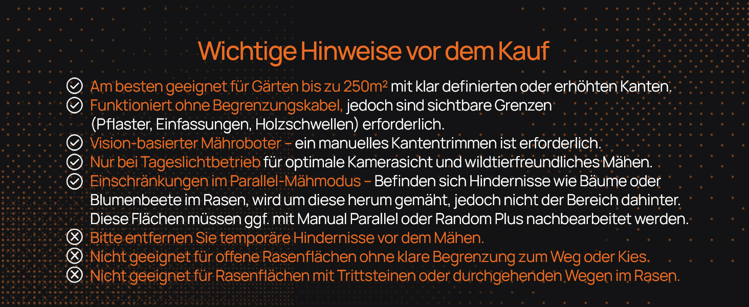 Der Text lautet „Wichtige Hinweise vor dem Kauf“, gefolgt von mehreren deutschsprachigen Informationspunkten zu Produktspezifikationen oder Nutzungsrichtlinien auf dunklem Hintergrund.