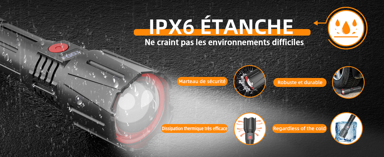 avec indice d'étanchéité IPX6. Les caractéristiques comprennent une LED brillante, plusieurs modes d'éclairage, une batterie rechargeable et un design compact pour les environnements difficiles.