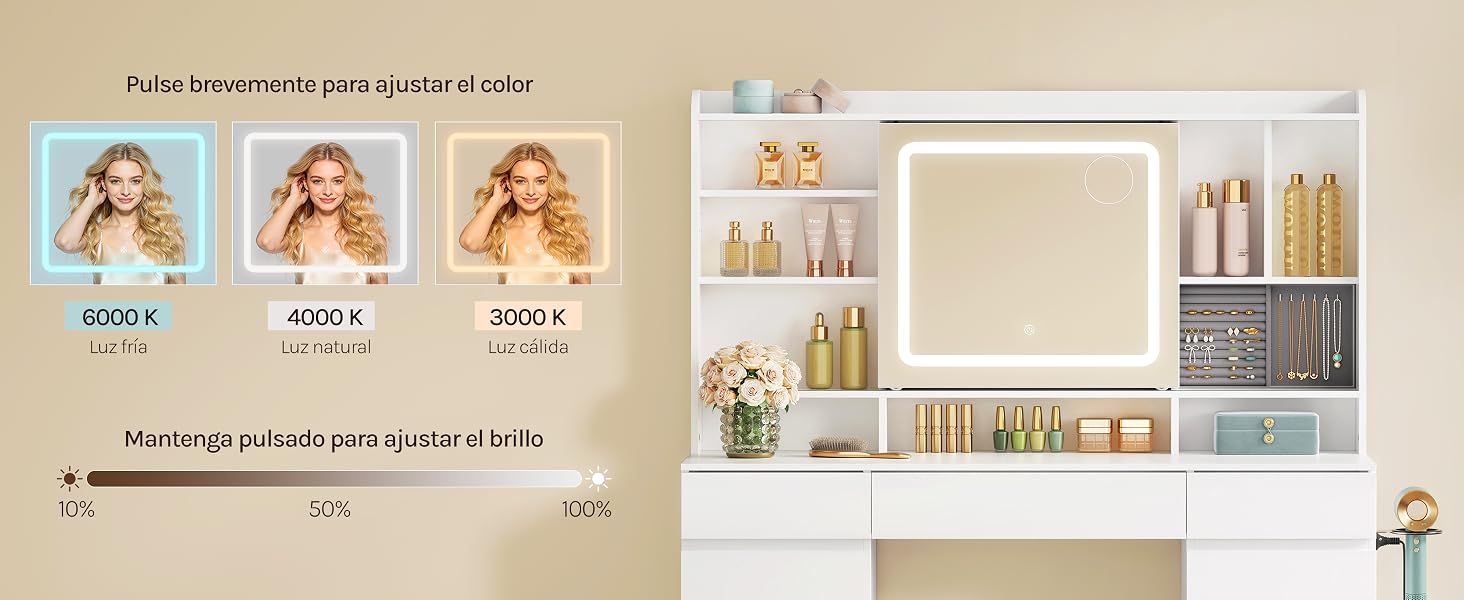 Interfaz de ajuste de temperatura de color con controles deslizantes y estanterías de exhibición de productos que muestran productos de belleza o cosméticos.