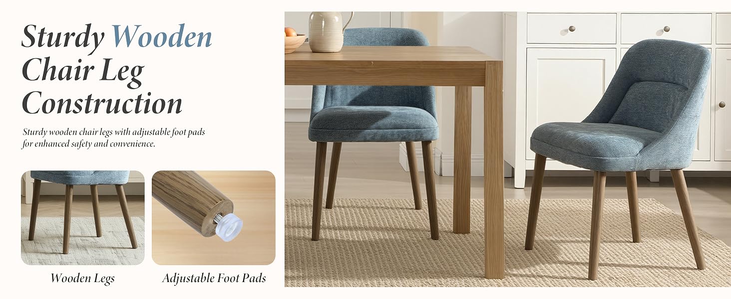 Text reads 'Sturdy Wooden Construction', 'Chair Leg'. Multiple views of dining chairs showing construction details and leg attachments.