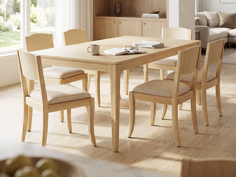 Ensemble de salle à manger en bois clair comprenant une table rectangulaire au grain naturel et quatre chaises assorties avec des sièges en jonc tressé dans un espace intérieur lumineux.