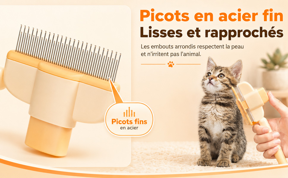 Der Text lautet: „Picots en acier fin. Lisses et rapprochés.“ Das Bild zeigt einen orangefarbenen und gelben Pflegekamm mit feinen Zähnen für Haustiere neben einem Katzenfoto, das die Produktanwendung veranschaulicht.