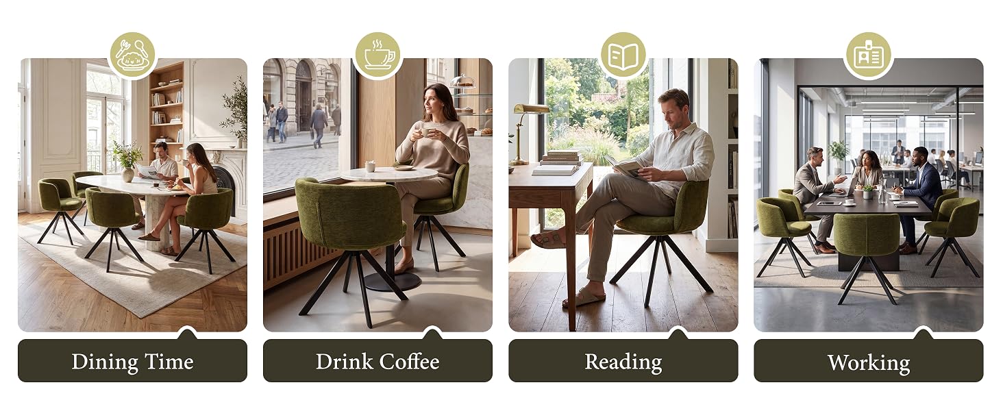Four interior room photos labeled "Dining room", "Living room", "Reading", "Working" showing chairs and furniture in decorated home spaces.
