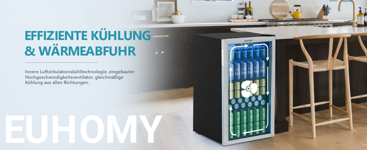 Der Text lautet: 'EFFIZIENTE KÜHLUNG &amp; WÄRMEABFUHR' und 'EUHOMY'. Modernes Kücheninterieur mit blau beleuchteter Kühleinheit, die unter der Theke installiert ist.