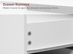 Text reads 'Drawer Runners' and 'Make it easier to open the drawers and access items.' White drawer with metal hardware and visible mounting screws demonstrating drawer runner installation.