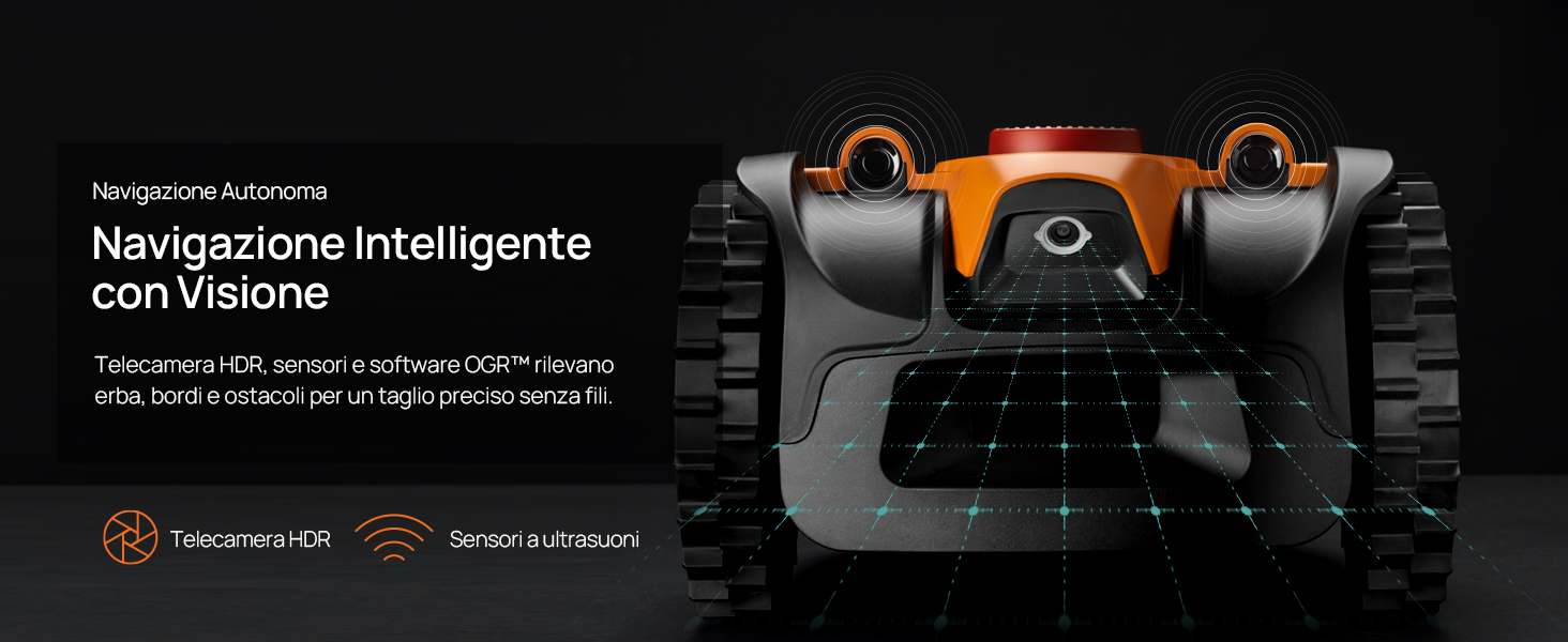 Il testo dice 'Navigazione intelligente con visione'. Immagine di marketing che mostra un design scuro dell'interfaccia con illuminazione d'accento arancione ed elementi tecnici dell'interfaccia utente.