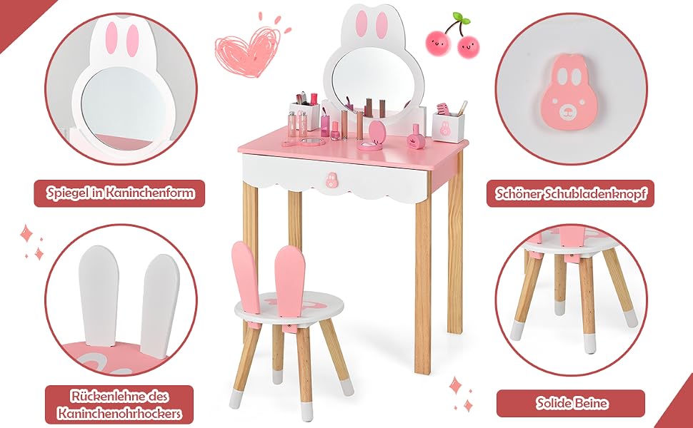 Kinder Schminktisch mit Frisierkommode rosa Schminkkommode Frisiertischset