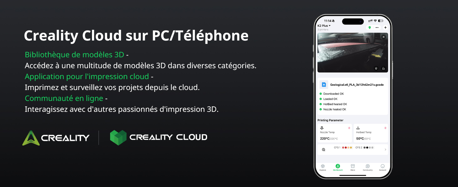 Le texte indique « Creality Cloud sur PC/Téléphone ». Interface d'écran affichant le logiciel cloud pour le contrôle et la surveillance de l'imprimante 3D Creality sur ordinateur et appareil mobile.